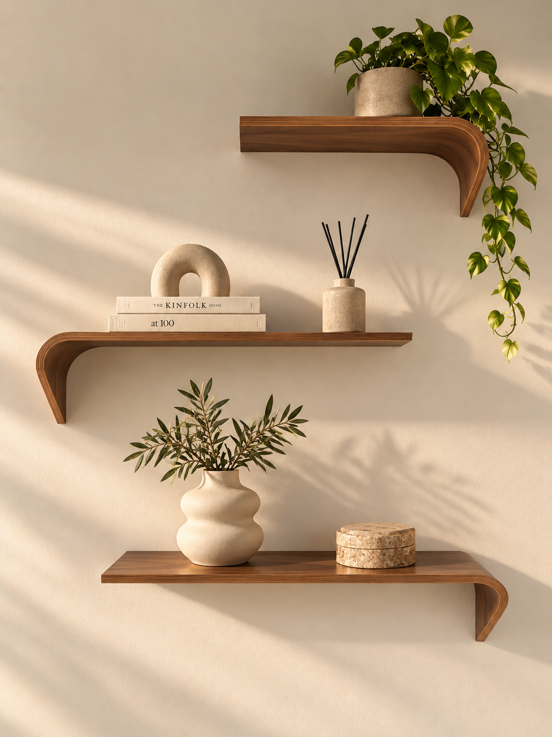 Agencement décoratif avec étagères en bois et plantes vertes pour une ambiance naturelle et apaisante